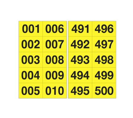 Numero adesivo da 001 a 500 - 45 x 24 mm - 10 etichette per foglio - 50 fogli - nero-giallo - Cartelli Segnalatori - 908.25 - 8409082101841 - DMwebShop