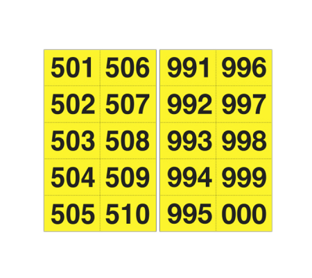Numero adesivo da 501 a 999 - 45 x 24 mm - 10 etichette per foglio - 50 fogli - nero-giallo - Cartelli Segnalatori - 908.29 - 8409083101840 - DMwebShop