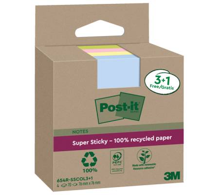 Blocco foglietti SuperSticky Green - 654R-SSCOL3+1 - 76 x 76 mm - carta riciclata - colori pastello assortiti - 70 fogli - conf. 4 blocchi - Post-it - 7100285103 - 4064035060251 - DMwebShop