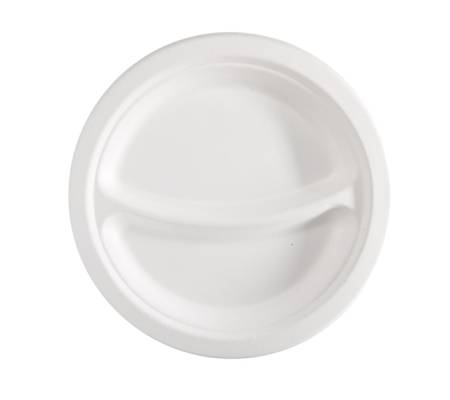 Piatto piano a 2 scomparti monouso - rotondo - Ø 23 cm - canna da zucchero - bianco - conf. 50 pezzi - Signor Bio - BPC005BIO50B - 8055715780299 - DMwebShop