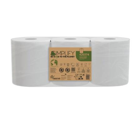 Asciugamani in rotolo Centrefeed Simplify - 19,6 cm x 90 mt - Ø 18,5 cm - 17 gr - 450 strappi - 2 veli - pacco 3 rotoli - Papernet - 420374 - 8024929009083 - DMwebShop