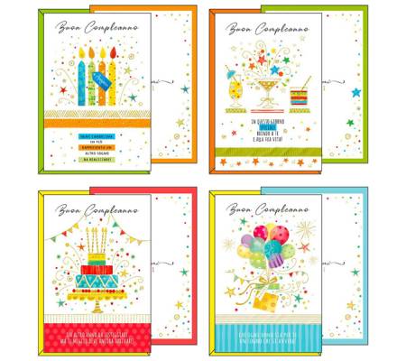 Biglietto Buon Compleanno - 4 soggetti assortiti - conf. 12 pezzi - Kartos - 07557902 - 8009162362256A - DMwebShop