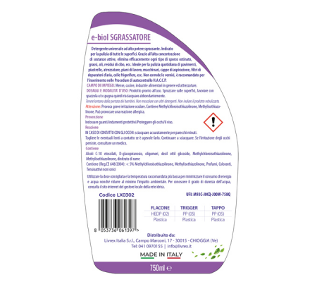 Sgrassatore Ebiol - trigger 750 ml - bergamotto - Livrex - LX0302