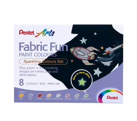 Colore in tubetto per tessuto Fabric Fun - colori sparkling assortiti - conf. 8 pezzi - Pentel - FFPC1-S8 - 4711577069227 - DMwebShop