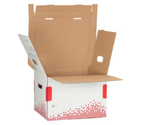 Scatola archivio Speedbox - dorso 8 cm - 35 x 25 cm - apertura totale - bianco e rosso - conf. 25 pezzi - Esselte - 623910 - 4049793026008 - DMwebShop - 3