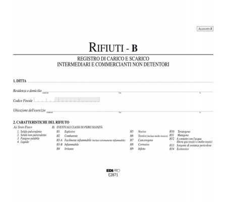 Blocco carico-scarico rifiuti non detentori Mod. B - 22,5 x 29,7 cm - 100 pagine - numerate - Edipro - E2871 - DMwebShop - 2