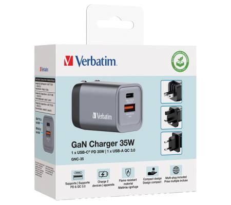 Adattatore da viaggio GNC-35- 1x USB-C PD 35W - 1x USB-A QC 30-35 W - Verbatim - 32200 - 23942322009 - DMwebShop - 1