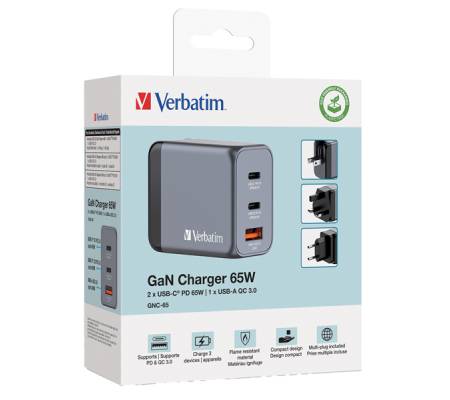 Adattatore da viaggio GNC-65- 2x USB-C PD 65W - 1x USB-A QC 30-65 W - Verbatim - 32201 - 23942322016 - DMwebShop - 1