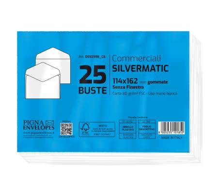 Busta Silver Matic FSC - senza finestra - gommata - 114 x 162 mm - 80 gr - bianco - conf. 25 pezzi - Pigna - 0592998C6 - 8005235101852 - DMwebShop - 1
