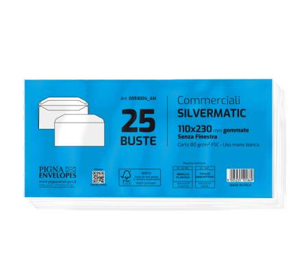 Busta SILVER MATIC FSC gommata bianca senza finestra - 110 x 230 mm - 80 gr - conf. 25 pezzi - Pigna - 0593004AM - 8005235101869 - DMwebShop - 1
