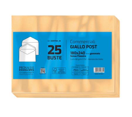Busta GIALLO POSTALE gommata gialla carta riciclata FSC - 180 x 240 mm - 80 gr - conf. 25 pezzi - Pigna - 009776918 - 8005235016811 - DMwebShop - 1
