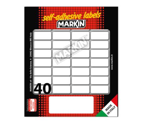 Etichetta adesiva permanente rettangolare - 28 x 12 mm - 40 etich. per foglio - 10 fogli per busta - bianco - conf. 25 pezzi Markin - 10022 - 31086A - DMwebShop