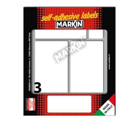 Etichetta adesiva permanente rettangolare - 83 x 53 mm - 3 etich. per foglio - 10 fogli per busta - bianco - conf. 25 pezzi Markin - X10049 - 8007047037886 - DMwebShop