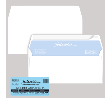 Busta SILVER90 STRIP FSC - bianca - internografata - senza finestra - 110 x 230 mm - 90 gr - conf. 25 pezzi - Pigna - 0593022AM - 8059020921057 - DMwebShop