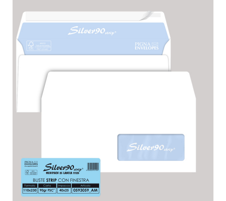 Busta SILVER90 STRIP FSC bianca internografata con finestra - 110 x 230 mm - 90 gr - conf. 25 pezzi - Pigna - 0593059AM - 8059020921088 - DMwebShop