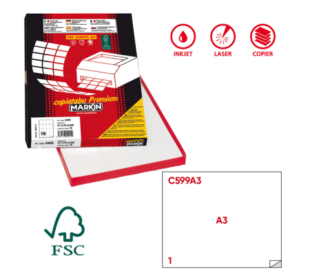 Etichetta adesiva C599 - permanente - 420 x 297 mm - 1 etichetta per foglio - bianco - scatola 100 fogli A3 - Markin - 214C599A3 - 8007047035080 - DMwebShop