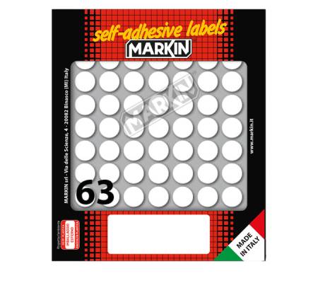 Etichetta adesiva - permanente - tonda Ø 14 mm - 63 etichette per foglio - 10 fogli per busta - bianco - Markin - 10005 - 8007047035240 - DMwebShop