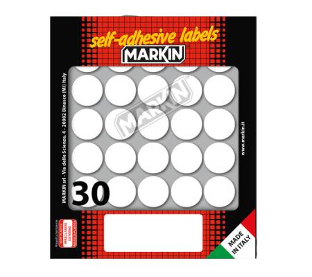 Etichetta adesiva - permanente - tonda Ø 22 mm - 30 etichette per foglio - 10 fogli per busta - bianco - Markin - X10007 - 8007047035363 - DMwebShop