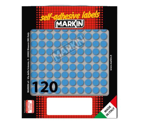 Etichetta adesiva - permanente - tonda Ø 10 mm - 120 etichette per foglio - 10 fogli per busta - blu - Markin - 10004BL - 8007047035196 - DMwebShop