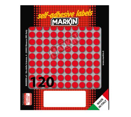 Etichetta adesiva - permanente - tonda Ø 10 mm - 120 etichette per foglio - 10 fogli per busta - rosso - Markin - 10004RO - 8007047035226 - DMwebShop