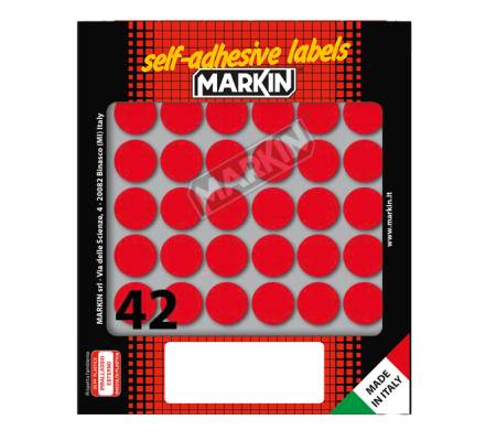 Etichetta adesiva - permanente - tonda Ø 18 mm - 42 etichette per foglio - 10 fogli per busta - rosso - Markin - 10006RO - 8007047035349 - DMwebShop