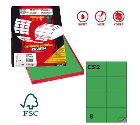 Etichetta adesiva C512 - permanente - 105 x 74,25 mm - 8 etichette per foglio - verde - scatola 100 fogli A4 - Markin - 210C512VE - 8007047022509 - DMwebShop