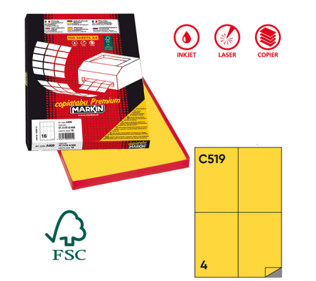 Etichetta adesiva C519 - permanente - 105 x 148,5 mm - 4 etichette per foglio - giallo - scatola 100 fogli A4 - Markin - 210C519GI - 8007047023131 - DMwebShop
