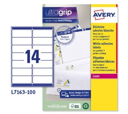 Etichetta adesiva L7163 - permanente - 99,1 x 38,1 mm - 14 etichette per foglio - bianco - conf. 100 fogli A4 - Avery - L7163-100 - 5014702004018 - DMwebShop