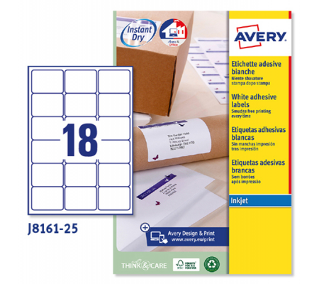 Etichetta adesiva J8161 - permanente - adatta a stampanti inkjet - 63,5 x 46,6 mm - 18 etichette per foglio - bianco - conf. 25 fogli A4 - Avery - J8161-25 - 5014702109034 - DMwebShop