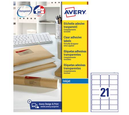 Etichetta in poliestere J8560 - permamente - 63,5 x 38,1 mm - 21 et/fg - trasparente - conf. 25 fogli A4 - Avery - J8560-25 - 5014702002281 - DMwebShop