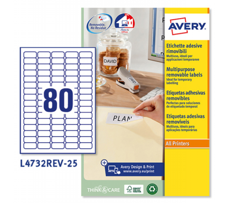 Etichetta adesiva L4732REV - removibile - 35,6 x 16,9 mm - 80 etic. per foglio - bianco - conf. 25 fogli A4 - Avery - L4732REV-25 - 5014702109317 - DMwebShop