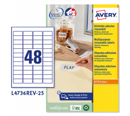 Etichetta adesiva L4736REV - removibile - 45,7 x 21,2 mm - 48 etic. per foglio - bianco - conf. 25 fogli A4 - Avery - L4736REV-25 - 5014702106378 - DMwebShop