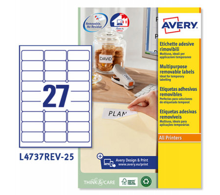 Etichetta adesiva L4737REV - removibili - 63,5 x 29,6 mm - 27 etic. per foglio - bianco - conf. 25 fogli A4 - Avery - L4737REV-25 - 5014702106385 - DMwebShop