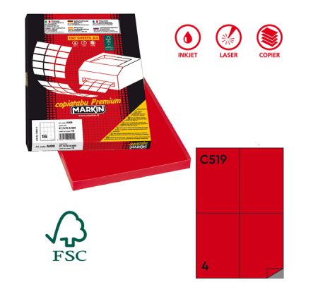 Etichetta adesiva C519 - permanente - 105 x 148,5 mm - 4 etichette per foglio - rosso - scatola 100 fogli A4 - Markin - 210C519RO - 8007047023148 - DMwebShop