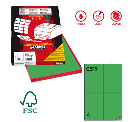Etichetta adesiva C519 - permanente - 105 x 148,5 mm - 4 etichette per foglio - verde - scatola 100 fogli A4 - Markin - 210C519VE - 8007047023124 - DMwebShop
