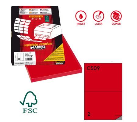 Etichetta adesiva C509 - permanente - 210 x 148,5 mm - 2 etichette per foglio - rosso - scatola 100 fogli A4 - Markin - 210C509RO - 8007047022356 - DMwebShop