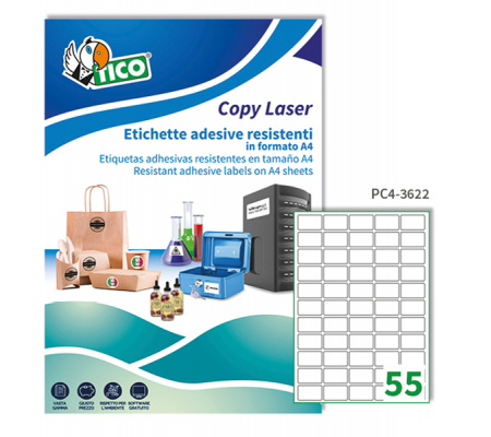 Etichetta in poliestere PC4 - stampanti laser - permanente - 36 x 22 mm - 55 etichette per foglio - trasparenti - conf. 100 fogli A4 - Tico - PC4-3622 - 8007827243032 - DMwebShop