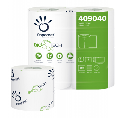Carta igienica standard Bio Tech - 2 veli - 250 strappi - 15,5 gr - 9,5 cm x 27,5 mt - pacco 4 rotoli - Papernet - 409040 - 8024929490409 - DMwebShop