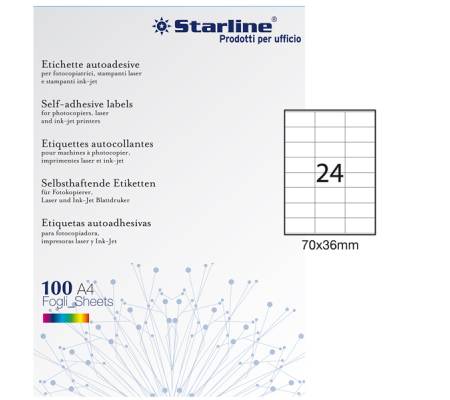 Etichetta adesiva carta permanente 70 x 36 mm 24 etichette per foglio bianco conf 100 fogli A4 Starline X210ODC500 - 4856