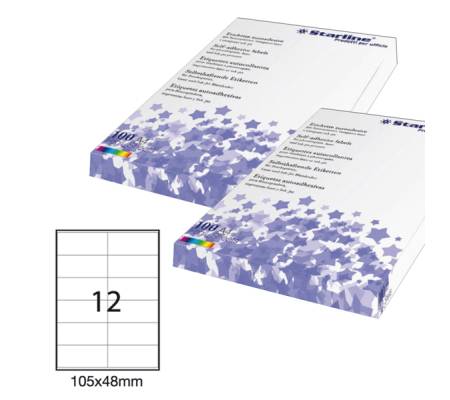 Etichetta adesiva - carta - permanente - 105 x 48 mm - 12 etichette per foglio - bianco - conf. 100 fogli A4 - Starline - X210ODC504 - 8025133013798 - DMwebShop