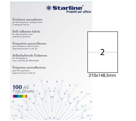 Etichetta adesiva - carta - permanente - 210 x 148,5 mm - 2 etichette per foglio - bianco - conf. 100 fogli A4 - Starline - X210ODC509 - 8025133013910 - DMwebShop