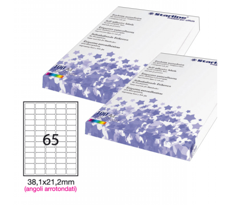 Etichetta adesiva - permanente - 38,1 x 21,2 mm - angoli tondi - 65 etichette per foglio - bianco - conf. 100 fogli A4 - Starline - STL3046 - 8025133024374 - DMwebShop