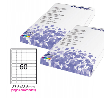 Etichetta adesiva - permanente - 37,5 x 23,5 mm - angoli tondi - 60 etichette per foglio - bianco - conf. 100 fogli A4 - Starline - STL3048 - 8025133024411 - DMwebShop