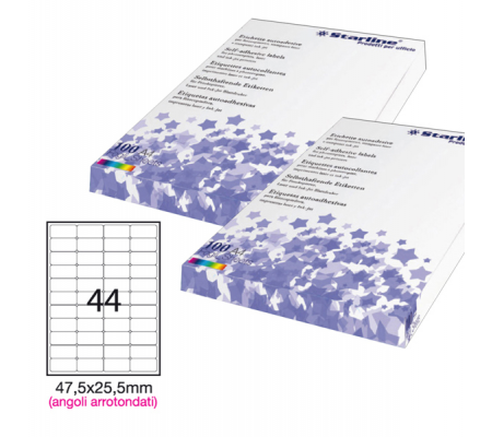 Etichetta adesiva - permanente - 47,5 x 25,5 mm - angoli tondi - 44 etichette per foglio - bianco - conf. 100 fogli A4 - Starline - STL3049 - 8025133024435 - DMwebShop