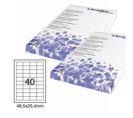 Etichetta adesiva - permanente - 48,5 x 25,4 mm - 40 etichette per foglio - bianco - conf. 100 fogli A4 - Starline - STL3050 - 8025133024459 - DMwebShop