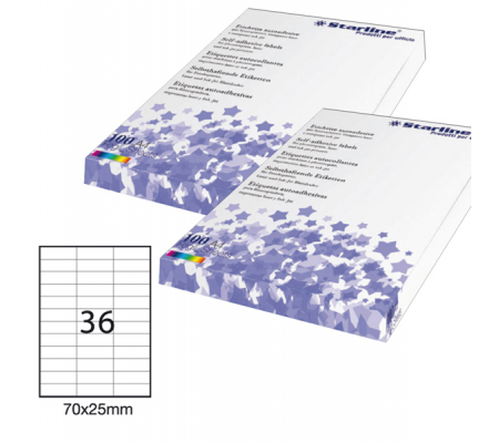 Etichetta adesiva - permanente - 70 x 25 mm - 36 etichette per foglio - bianco - conf. 100 fogli A4 - Starline - STL3053 - 8025133024510 - DMwebShop