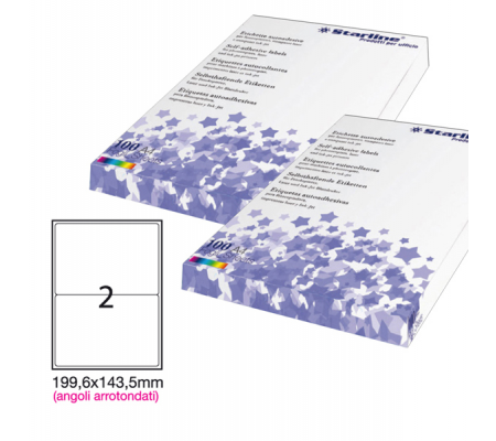 Etichetta adesiva - permanente - 199,6 x 143,5 mm - angoli tondi - 2 etichette per foglio - bianco - conf. 100 fogli A4 - Starline - STL3055 - 8025133024558 - DMwebShop