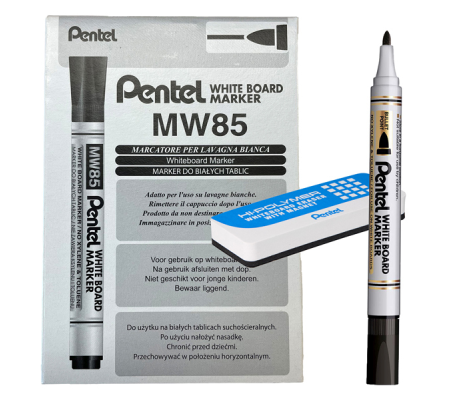 Marcatore white board MW85 - nero Bundle 12 pezzi + cancellino magnetico - Pentel - 0022480 - 8006935224803 - DMwebShop