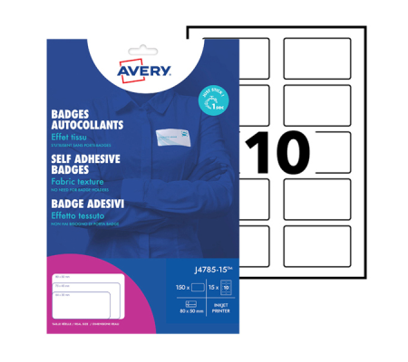 Etichette badge - in seta acetata - inkjet - rimovibili - 80 x 50 mm - 10 etichette per foglio - 15 fogli - bianco - Avery - J4785-15 - 5014702134333 - DMwebShop