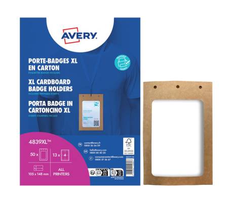 Portabadge A6 - in cartoncino plastificato - laser-inkjet - 105 x 148 mm - Conf. 50 pezzi - Avery - 4839XL - 5014702150807 - DMwebShop